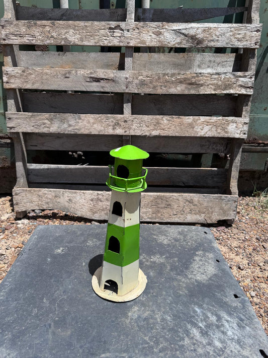 Whimsical Green and White Metal Lighthouse